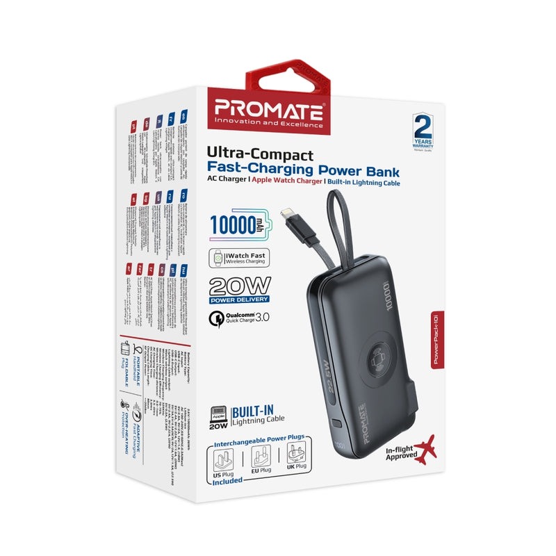 Promate 10000mAh 20W Ultra compact Fast Charging Power Bank with AC Charger Apple Watch Charger and Built In Lightning Cable