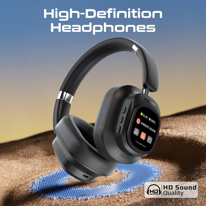 Promate High Definition Hybrid ANC Headphones with Detachable Magnetic LCD Touch Screen Controller |VuTune|