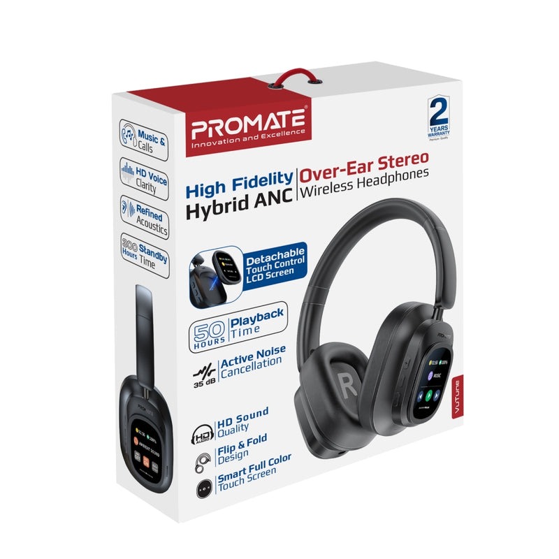 Promate High Definition Hybrid ANC Headphones with Detachable Magnetic LCD Touch Screen Controller |VuTune|