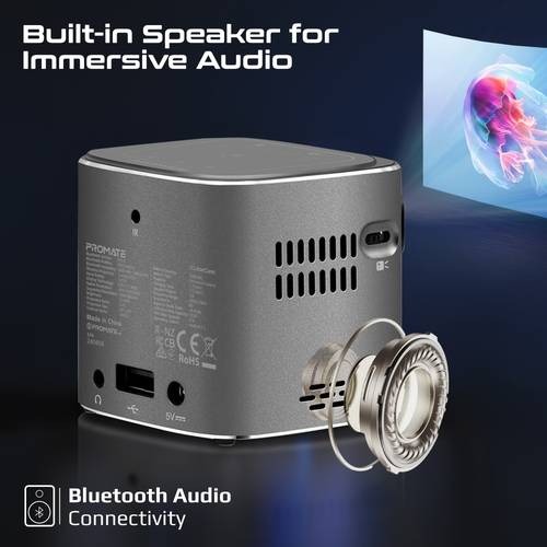 Promate Ultra Mini 1080P Rechargeable Auto Vertical Touch Control Wireless DLP Projector |CubeCast|