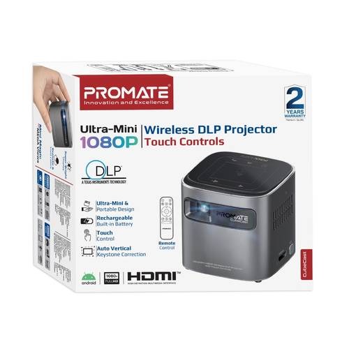 Promate Ultra Mini 1080P Rechargeable Auto Vertical Touch Control Wireless DLP Projector |CubeCast|