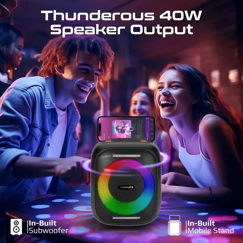 Promate LumiSound™ HD 40W True Wireless Speaker RGB Light Built in Carry Handle Subwoofer and Phone Stand |Strike-40|