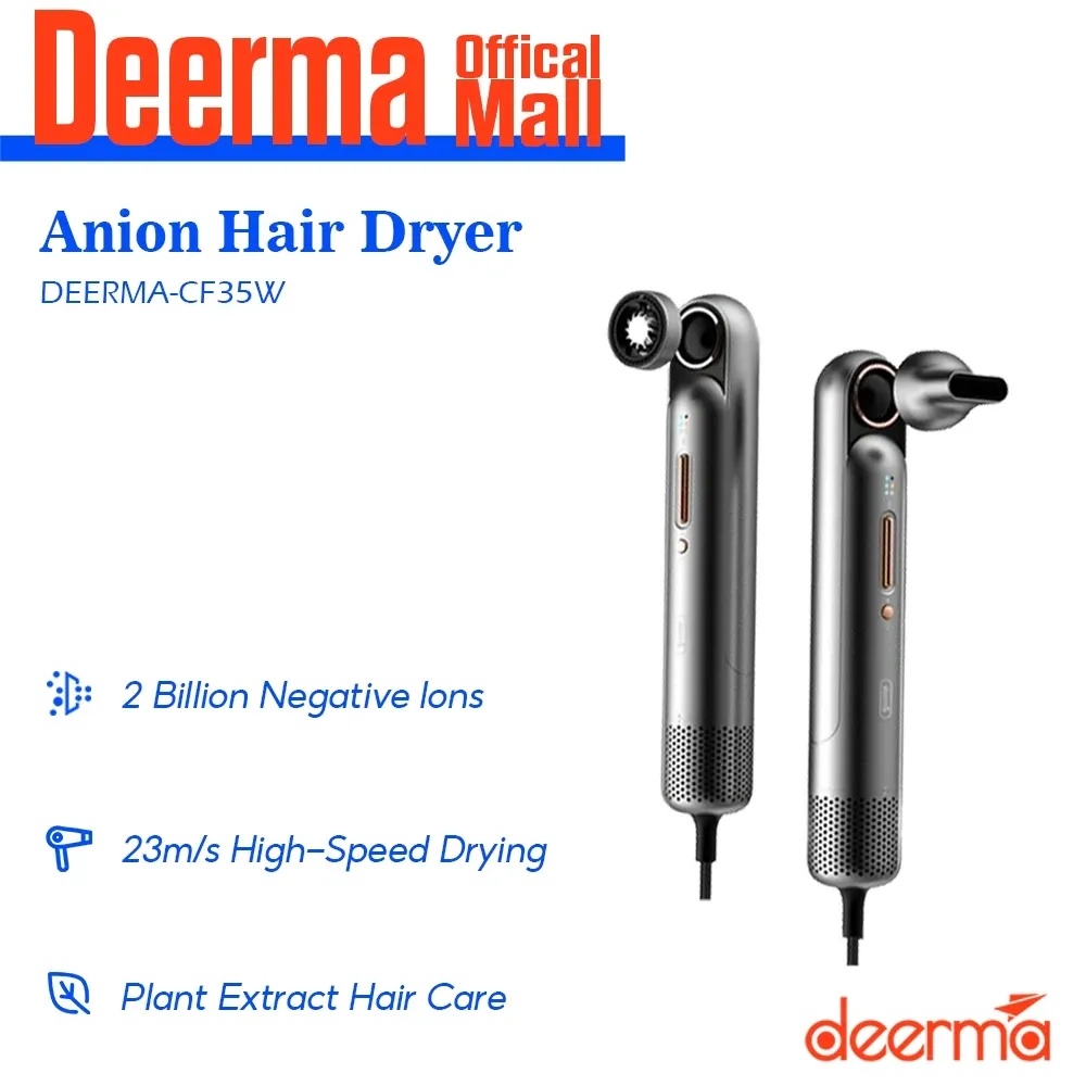 Deerma High Wind Speed Hair Dryer Ionic Technology Columnar Design 200 Million Negative Ion Hair Care 60° Magnetic Suction Wind Nozzle and 12 Dry Mode |DEM-CF35W|
