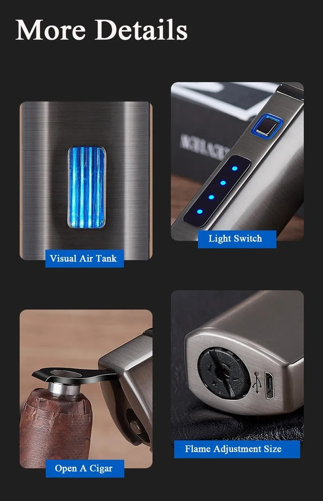 7MD Premium Cigar Torch Lighter Triple Adjustable Jet Flame Rechargeable & Windproof