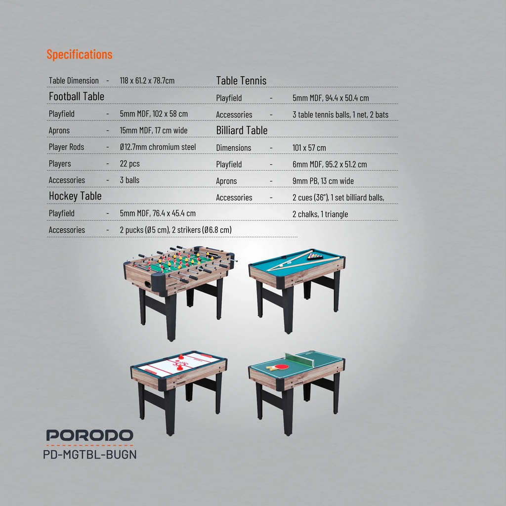 Porodo Lifestyle Multi Game Table Foosball Billiards  Hockey & Table Tennis in One Quick Set Up and Easy Transition | PD-MGTBL-BUGN|