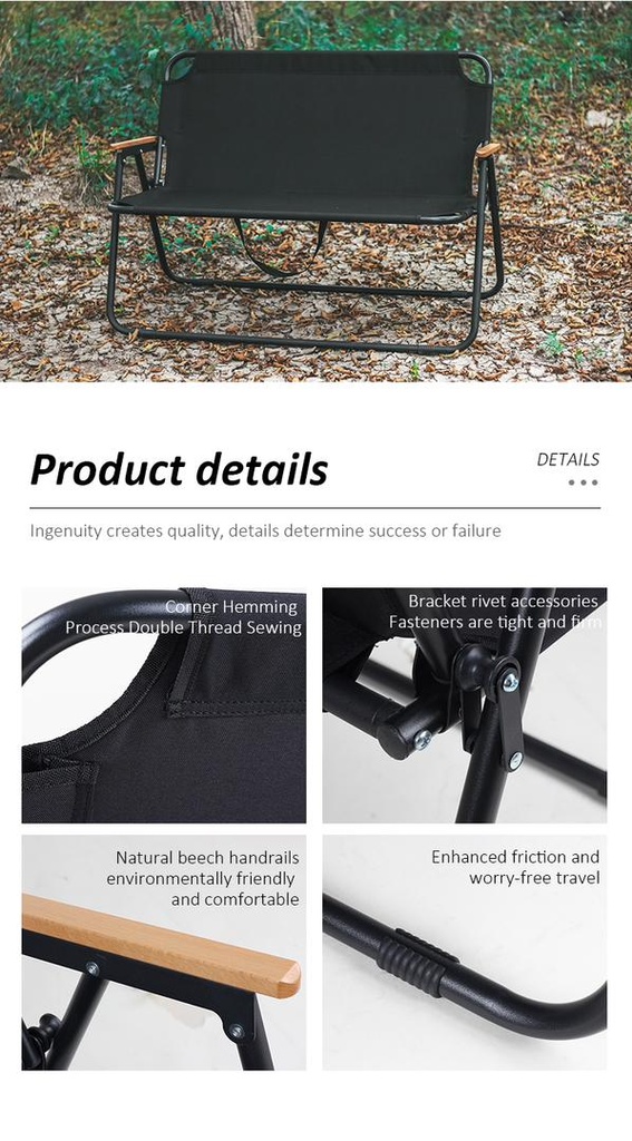 Double Folding Chair Portable Durable High Load Capacity Beech Handrails for Multi Scenario Use