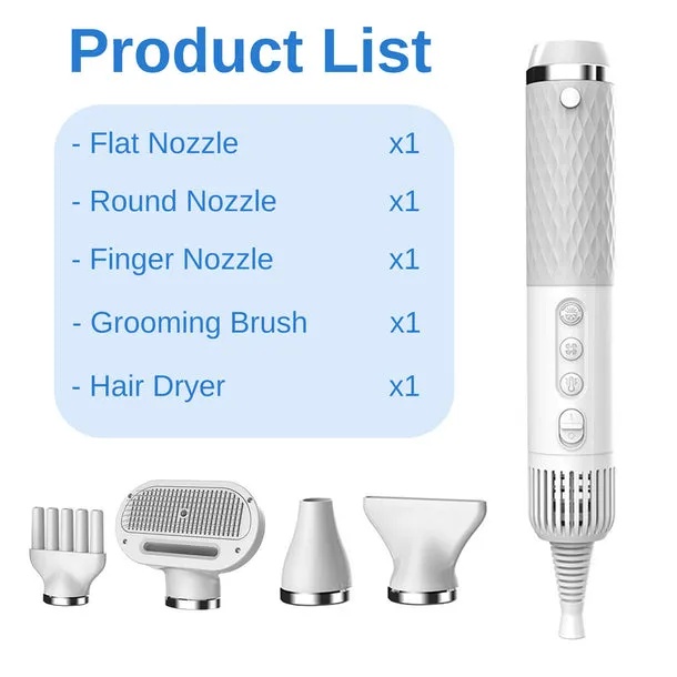 Portable PET Blow Dryer 5 in 1 Multifunction Negative ION Fast Drying 10M Ions Adjustable Settings Lightweight & Compact
