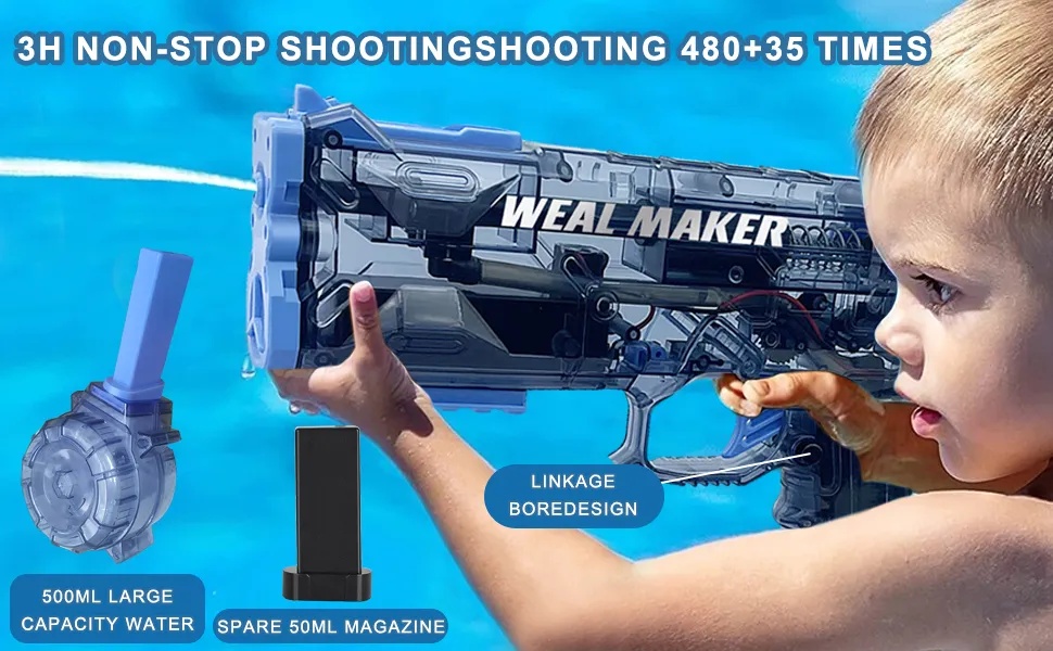 WEAL MAKER Electric Water Gun 26 to 39 ft Long Range 1200mAh Battery Extra Large Reservoir Waterproof & Durable - Blue |W555|