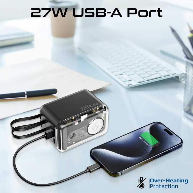 Promate 65W Multi-Device Charging Transparent Power Bank with Built In USB C & Lightning Cable |Mavrix-20|