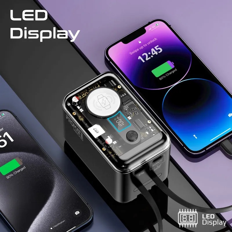 Promate 65W Multi-Device Charging Transparent Power Bank with Built In USB C & Lightning Cable |Mavrix-20|