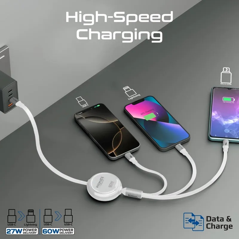 Promate 3 in 1 Long Bend Tangle Free Ultra Fast Retractable Multi Connector Soft Cable |TrioCord-R|
