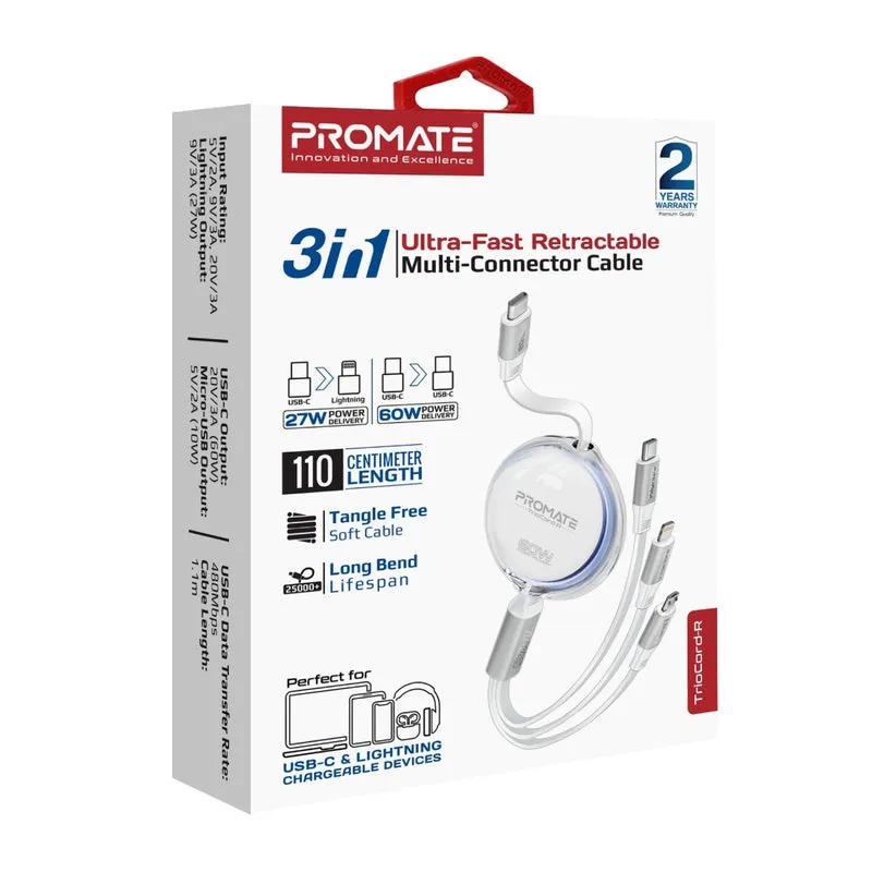 Promate 3 in 1 Long Bend Tangle Free Ultra Fast Retractable Multi Connector Soft Cable |TrioCord-R|