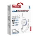 Promate 3 in 1 Long Bend Tangle Free Ultra Fast Retractable Multi Connector Soft Cable |TrioCord-R|