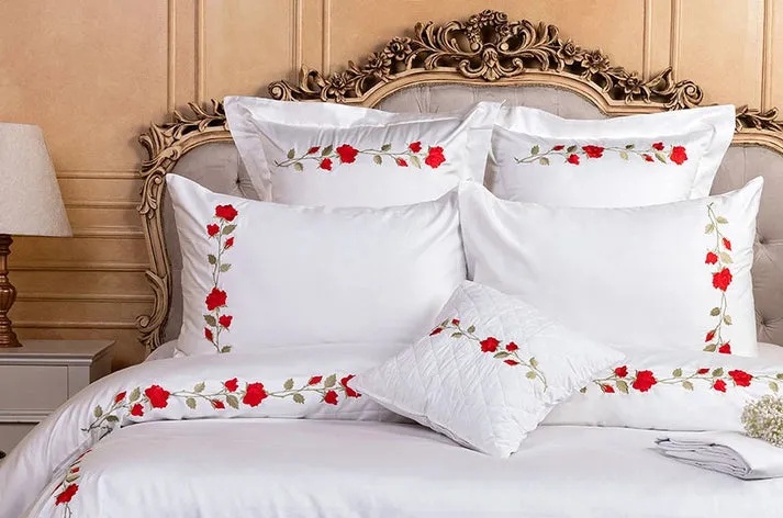 Glinens Red Love Flower Egyptian Cotton Bed Set 100% Sateen 600 Thread Count Embroidered Duvet Cover Set Durable & Soft Touch Comfort
