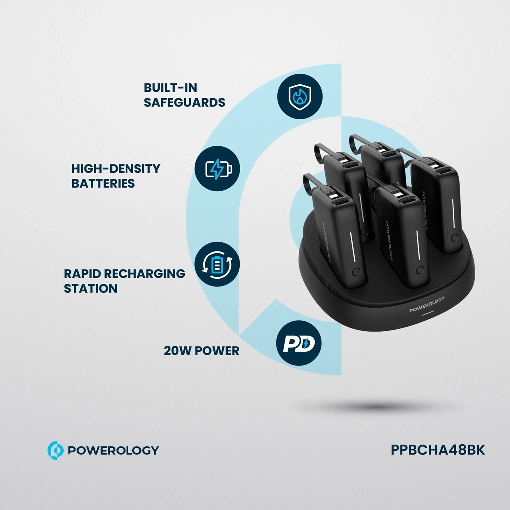Powerology 5 x 10000mAh Power Bank Station PD 20W Recharging Base High Speed Charging Built In Type C Cable Multi Device Support 60W Output |PPBCHA48BK|