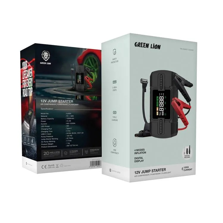 Green Lion 12V Jump Starter 150 PSI Pump Pressure 12000mAh Power Bank Air Compressor Digital Display & Flashlight |GJSO5||GN12VJUSTBK|