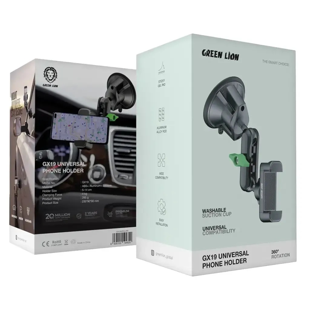 Green Lion GX19 Universal Phone Holder 360° Rotation Washable Suction Cup Durable Grip Universal Compatibility and Anti Shake Design |GN19UPHLDBK|