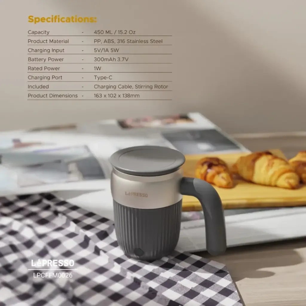 LePresso Auto Stirring Mug 450ML  Magnetic Rotor Auto Off Rechargeable Durable Stainless Steel |LP026||LPCFFM0026|