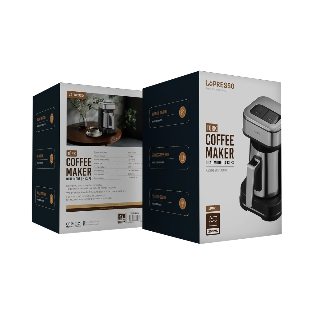 LePresso Türk Coffee Maker Dual Mode 4 Cup 250ML Capacity Stainless Steel Mug 3 Minute Brewing Anti Overflow & Over Heat Protection |LP025||LPCFFM0025|