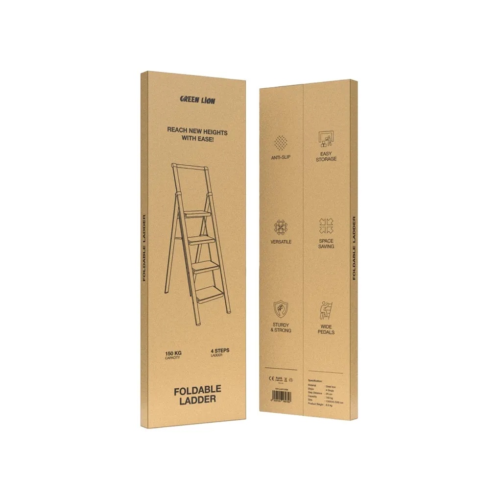 Green Lion 4-Step Foldable Ladder 150kg Capacity Compact Design Wide Pedals Anti-Slip Surface - Black |GNFLLADR150BK|