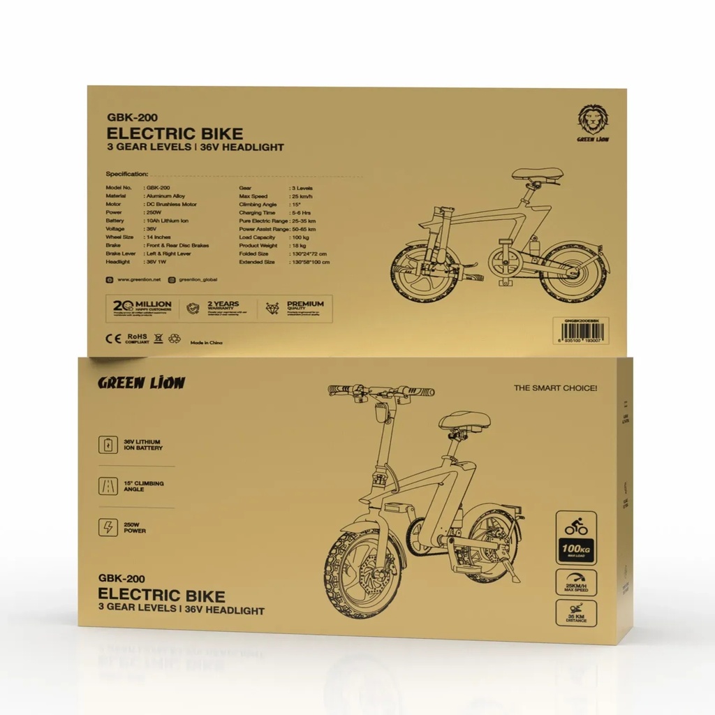 Green Lion Electric Bike Foldable 3 Gear Levels 36V Headlight 10Ah Battery Brushless 250W Motor Disc Brakes |GBK-200||GNGBK200EBBK|