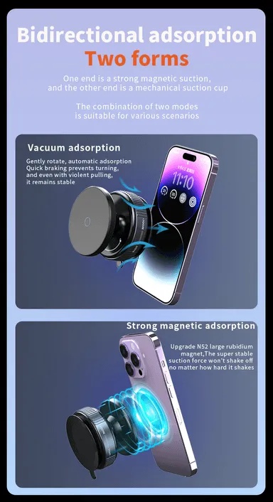 Vacuum Suction Magnetic Car Phone Holder Secure Grip One Hand Operation 360° Rotation Overcharge Protection Foreign Body Detection |K009|