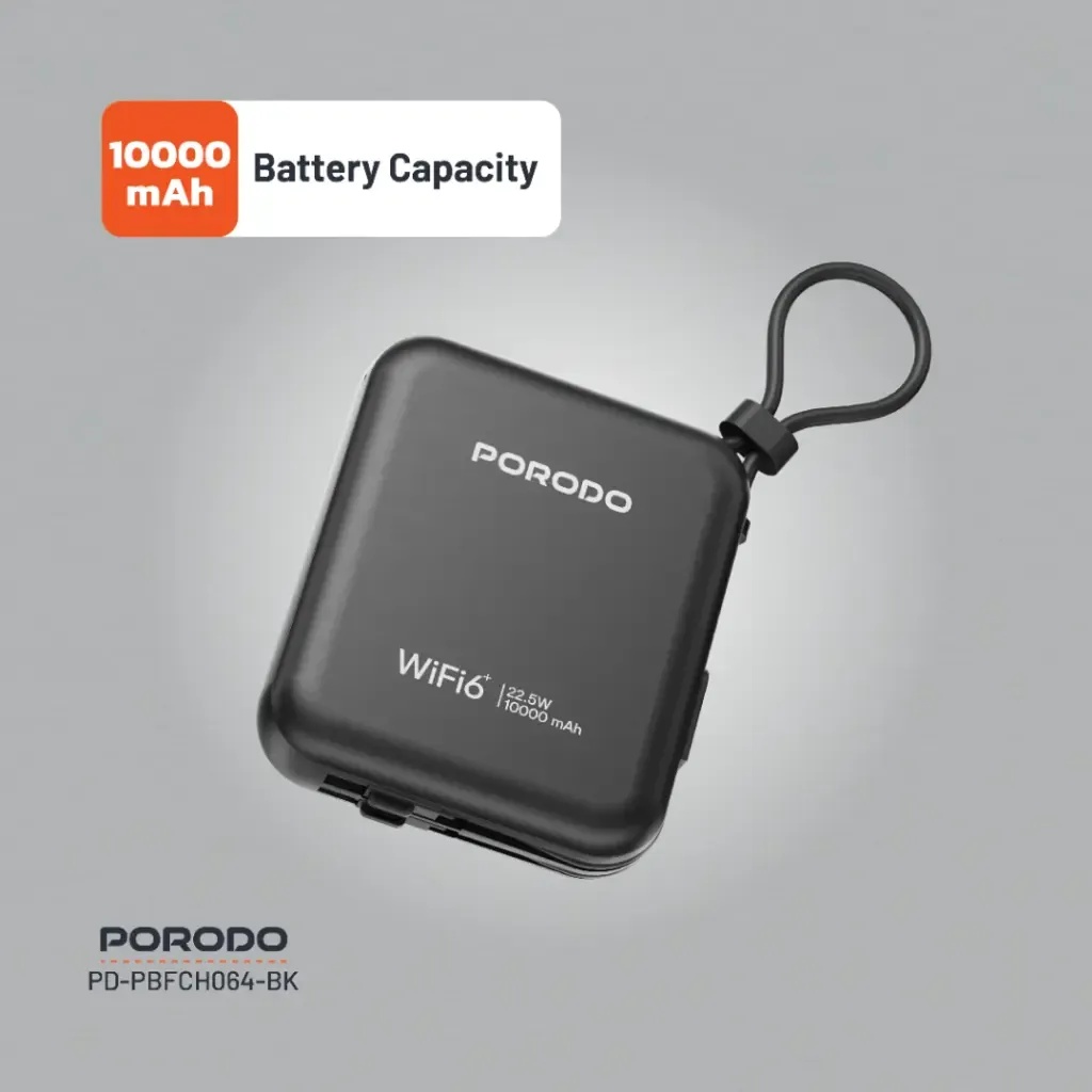 Porodo 4G LTE WiFi 6 Pocket Router High-Speed Portable Internet 10000mAh Power Bank 8 Devices Secure Connectivity |PB064||PD-PBFCH064-BK|