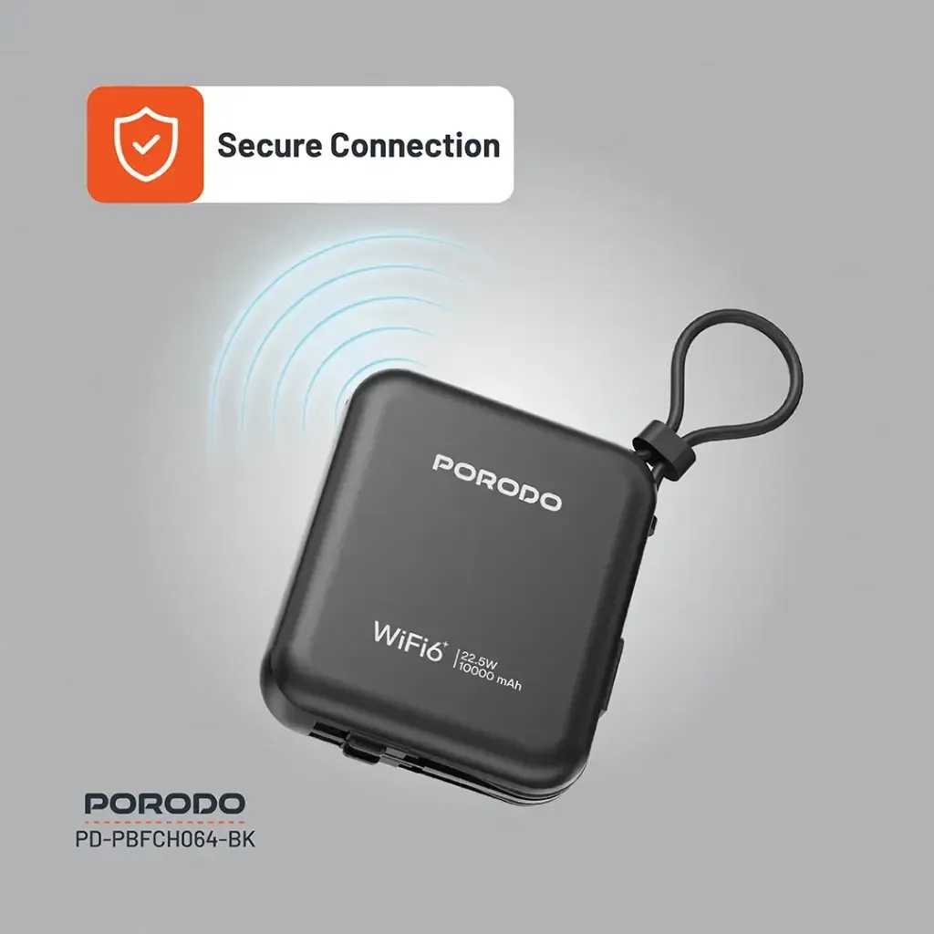 Porodo 4G LTE WiFi 6 Pocket Router High-Speed Portable Internet 10000mAh Power Bank 8 Devices Secure Connectivity |PB064||PD-PBFCH064-BK|