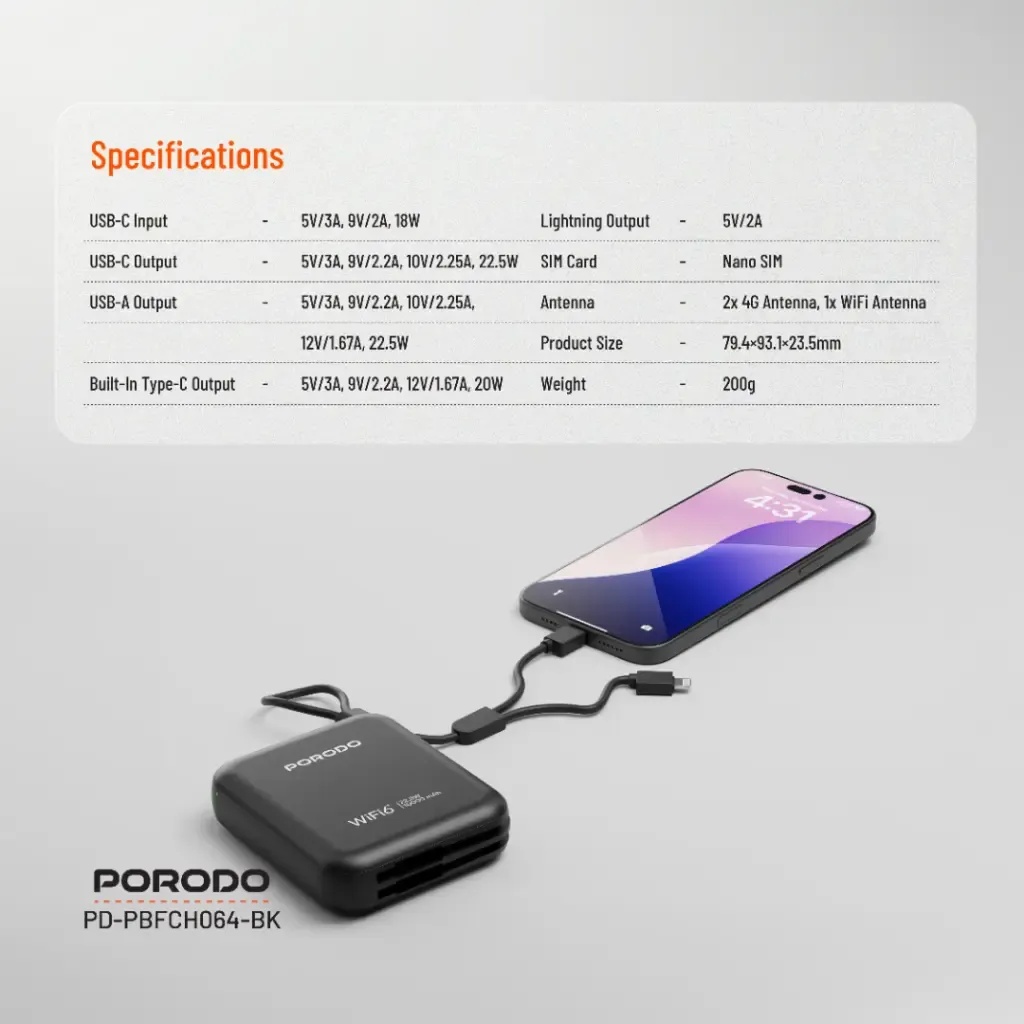 Porodo 4G LTE WiFi 6 Pocket Router High-Speed Portable Internet 10000mAh Power Bank 8 Devices Secure Connectivity |PB064||PD-PBFCH064-BK|