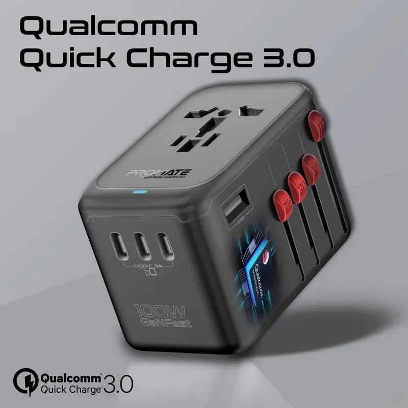 Promate 100W GaNFast™ Multi Port Travel Adapter 4 USB C PD Ports USB A QC 3.0 Worldwide Compatibility Auto Reset Fuse & Safety Protection |TripMate-Gan100|