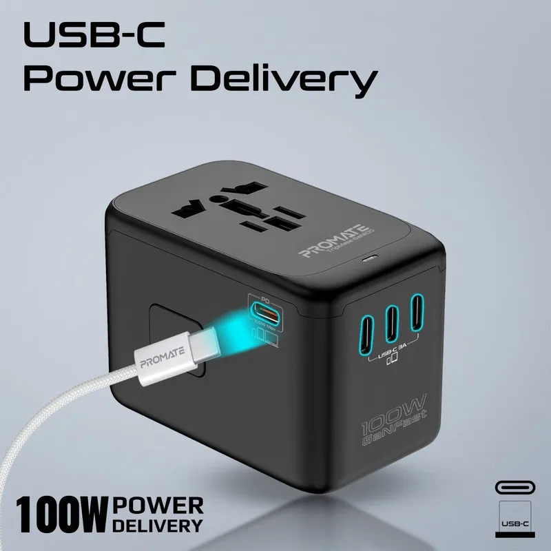 Promate 100W GaNFast™ Multi Port Travel Adapter 4 USB C PD Ports USB A QC 3.0 Worldwide Compatibility Auto Reset Fuse & Safety Protection |TripMate-Gan100|