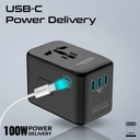 Promate 100W GaNFast™ Multi Port Travel Adapter 4 USB C PD Ports USB A QC 3.0 Worldwide Compatibility Auto Reset Fuse & Safety Protection |TripMate-Gan100|