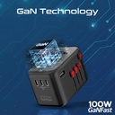Promate 100W GaNFast™ Multi Port Travel Adapter 4 USB C PD Ports USB A QC 3.0 Worldwide Compatibility Auto Reset Fuse & Safety Protection |TripMate-Gan100|