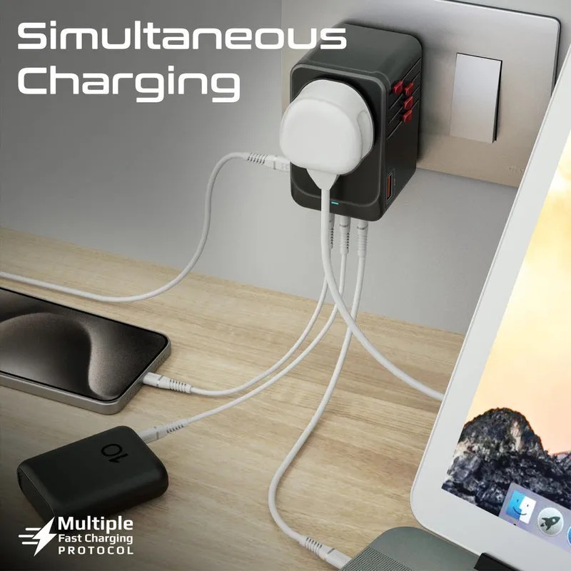Promate 100W GaNFast™ Multi Port Travel Adapter 4 USB C PD Ports USB A QC 3.0 Worldwide Compatibility Auto Reset Fuse & Safety Protection |TripMate-Gan100|