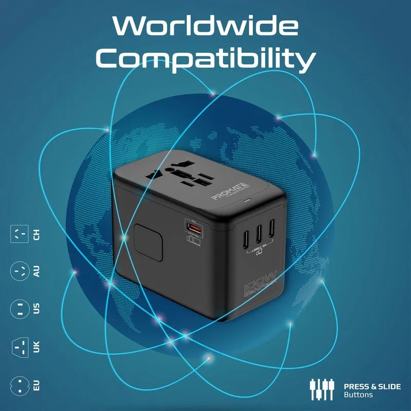 Promate 100W GaNFast™ Multi Port Travel Adapter 4 USB C PD Ports USB A QC 3.0 Worldwide Compatibility Auto Reset Fuse & Safety Protection |TripMate-Gan100|