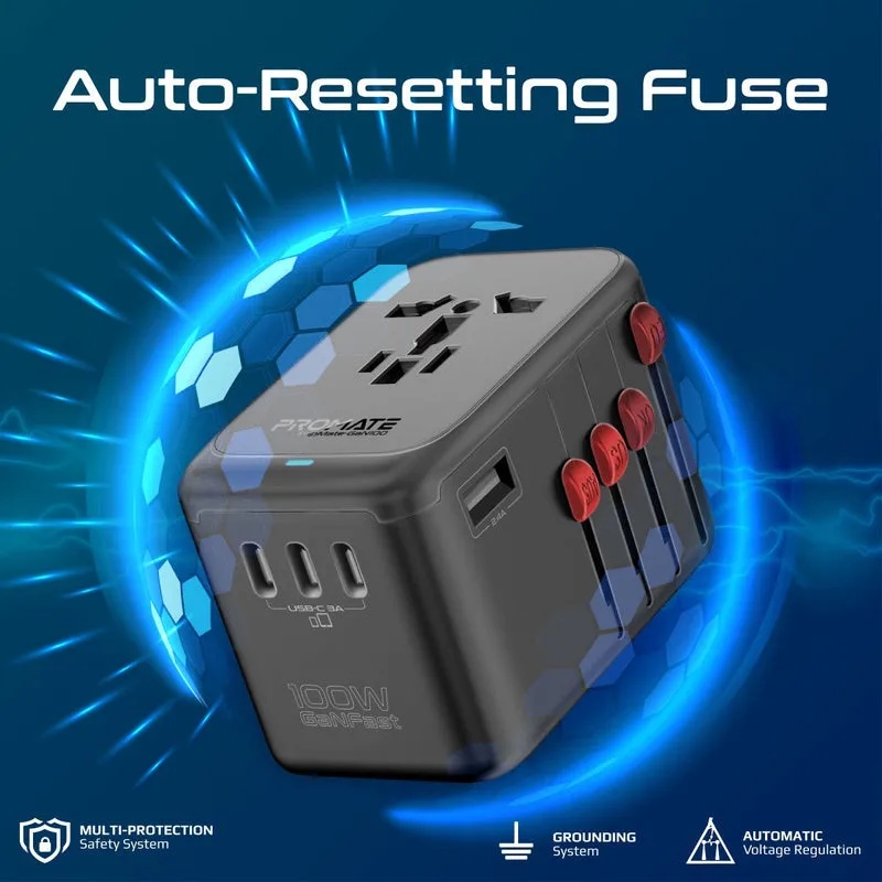 Promate 100W GaNFast™ Multi Port Travel Adapter 4 USB C PD Ports USB A QC 3.0 Worldwide Compatibility Auto Reset Fuse & Safety Protection |TripMate-Gan100|