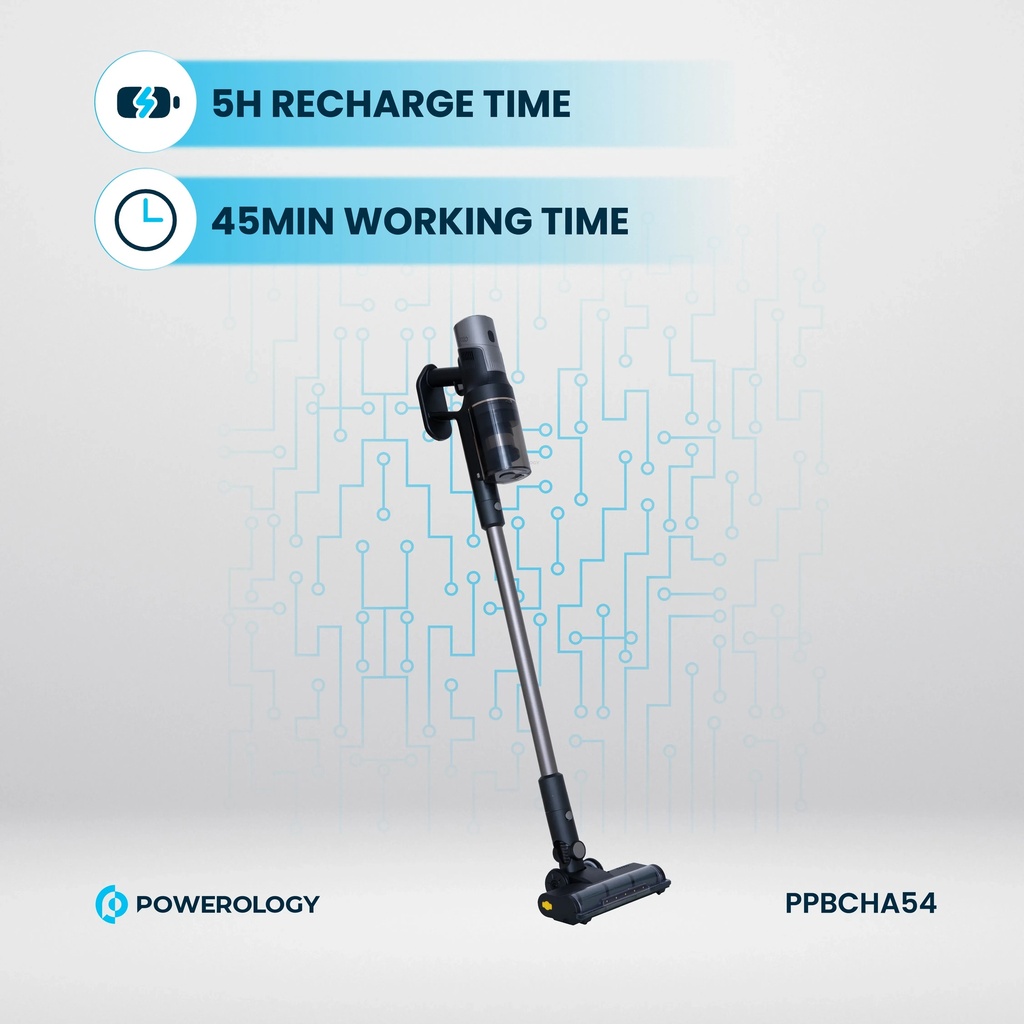 Powerology Cordless Vacuum Auto Disposal Charging 22000Pa Suction HEPA Filter 45 Min Runtime 3L Base Station |PP054||PPBCHA54|