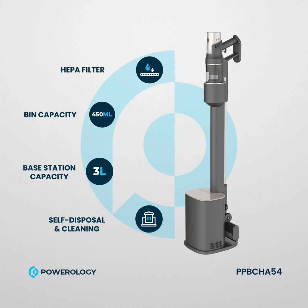 Powerology Cordless Vacuum Auto Disposal Charging 22000Pa Suction HEPA Filter 45 Min Runtime 3L Base Station |PP054||PPBCHA54|