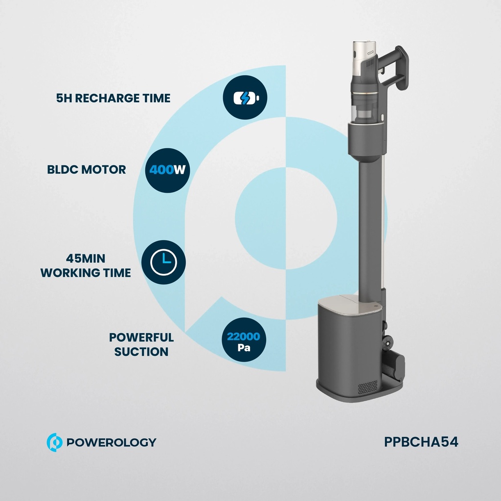 Powerology Cordless Vacuum Auto Disposal Charging 22000Pa Suction HEPA Filter 45 Min Runtime 3L Base Station |PP054||PPBCHA54|