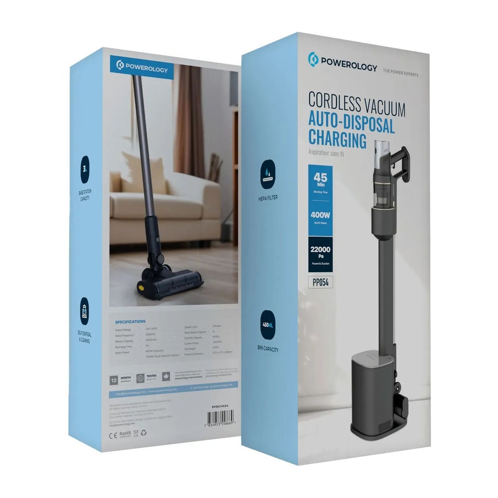 Powerology Cordless Vacuum Auto Disposal Charging 22000Pa Suction HEPA Filter 45 Min Runtime 3L Base Station |PP054||PPBCHA54|