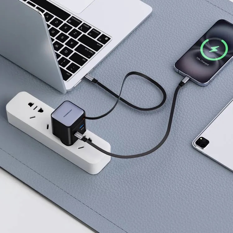 Powerology Dual Port Retractable GaN Charger 65W Fast Charging USB C & USB A Ports 3 Device Charging 75cm Retractable Cable Fireproof Design |PWC031||PWCUQC031|