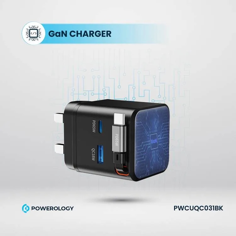 Powerology Dual Port Retractable GaN Charger 65W Fast Charging USB C & USB A Ports 3 Device Charging 75cm Retractable Cable Fireproof Design |PWC031||PWCUQC031|