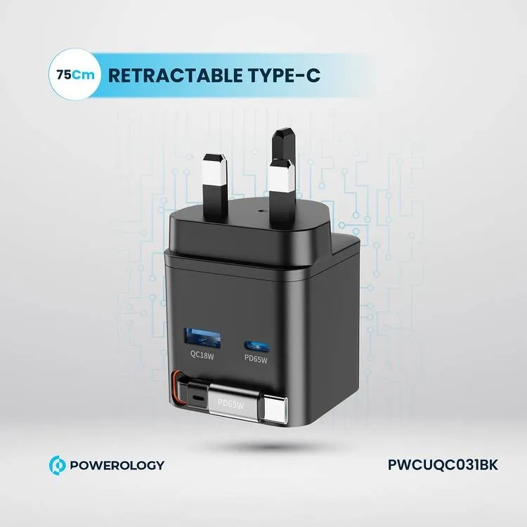 Powerology Dual Port Retractable GaN Charger 65W Fast Charging USB C & USB A Ports 3 Device Charging 75cm Retractable Cable Fireproof Design |PWC031||PWCUQC031|