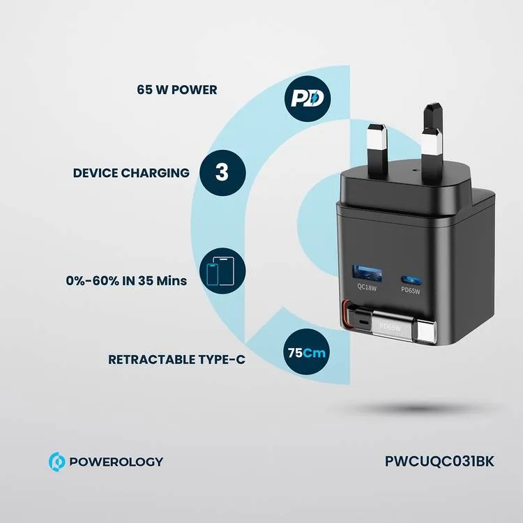 Powerology Dual Port Retractable GaN Charger 65W Fast Charging USB C & USB A Ports 3 Device Charging 75cm Retractable Cable Fireproof Design |PWC031||PWCUQC031|