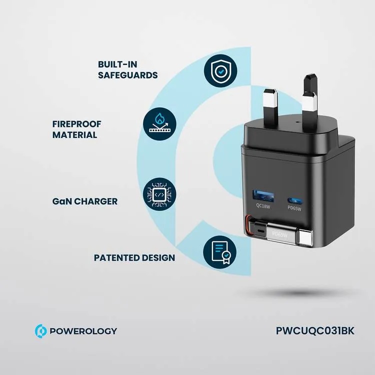 Powerology Dual Port Retractable GaN Charger 65W Fast Charging USB C & USB A Ports 3 Device Charging 75cm Retractable Cable Fireproof Design |PWC031||PWCUQC031|