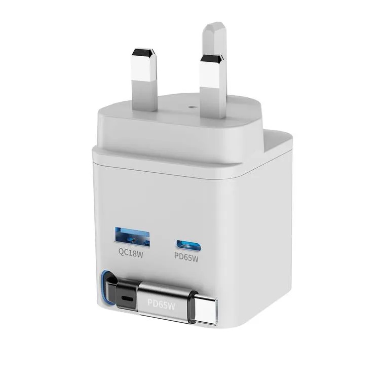 Powerology Dual Port Retractable GaN Charger 65W Fast Charging USB C & USB A Ports 3 Device Charging 75cm Retractable Cable Fireproof Design |PWC031||PWCUQC031|