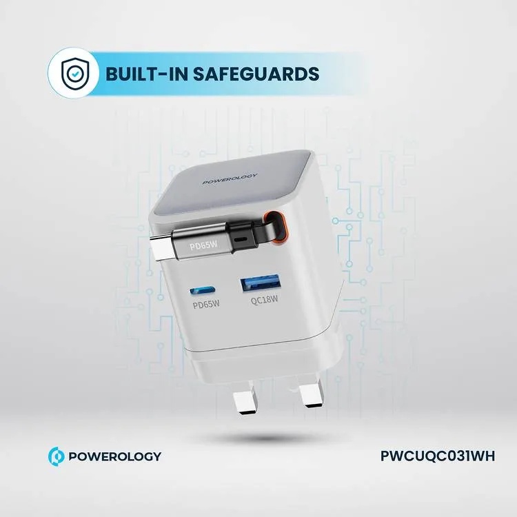 Powerology Dual Port Retractable GaN Charger 65W Fast Charging USB C & USB A Ports 3 Device Charging 75cm Retractable Cable Fireproof Design |PWC031||PWCUQC031|