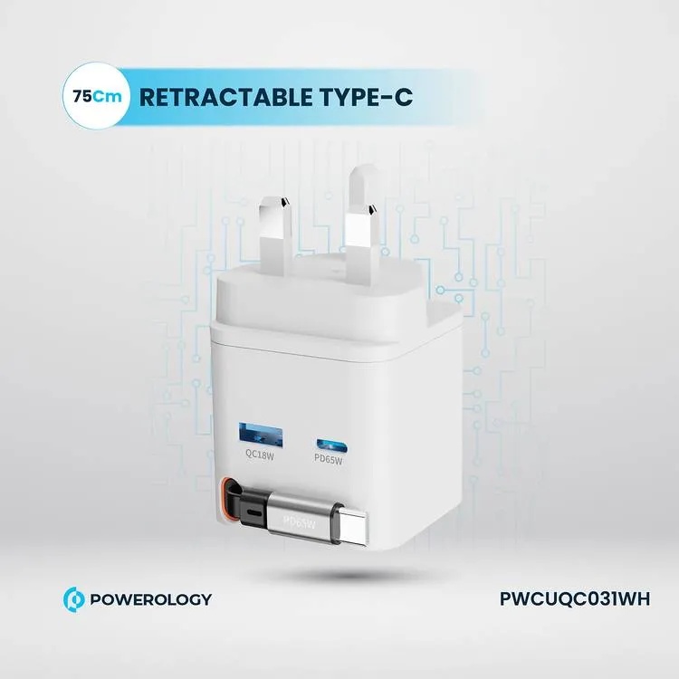 Powerology Dual Port Retractable GaN Charger 65W Fast Charging USB C & USB A Ports 3 Device Charging 75cm Retractable Cable Fireproof Design |PWC031||PWCUQC031|