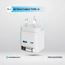 Powerology Dual Port Retractable GaN Charger 65W Fast Charging USB C & USB A Ports 3 Device Charging 75cm Retractable Cable Fireproof Design |PWC031||PWCUQC031|