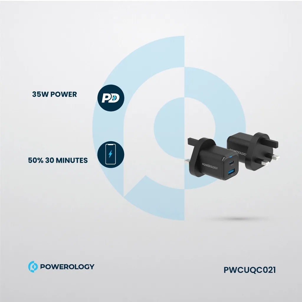 Powerology Super Compact Quick Charger PD35W Braided USB-C To Lightning Cable Included 1.2m/4ft | PWCUQC021 |